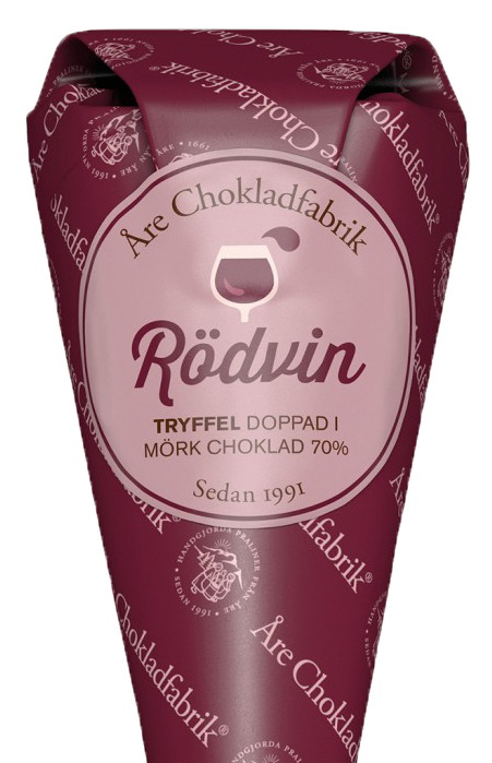 Rödvinstryffel förpackad i en dekorativ strut, från Åre Chokladfabrik